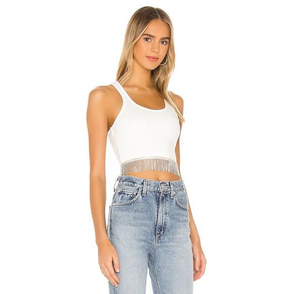 Superdown Madison Rhinestone Trim Tank in White Size Medium Cropped Racerback - Picture 1 of 8